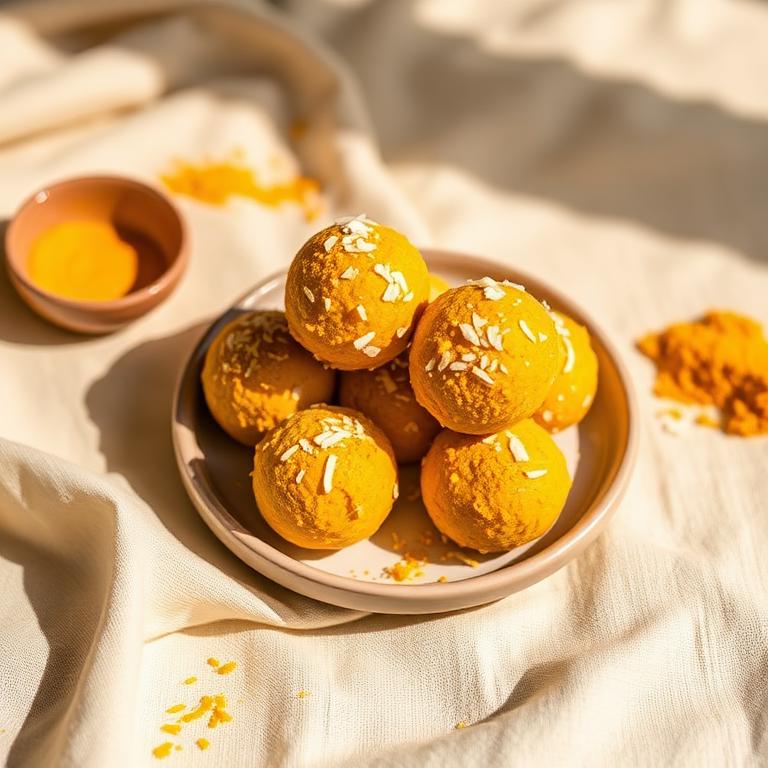 Golden milk bliss balls dusted with turmeric and coconut on a small plate