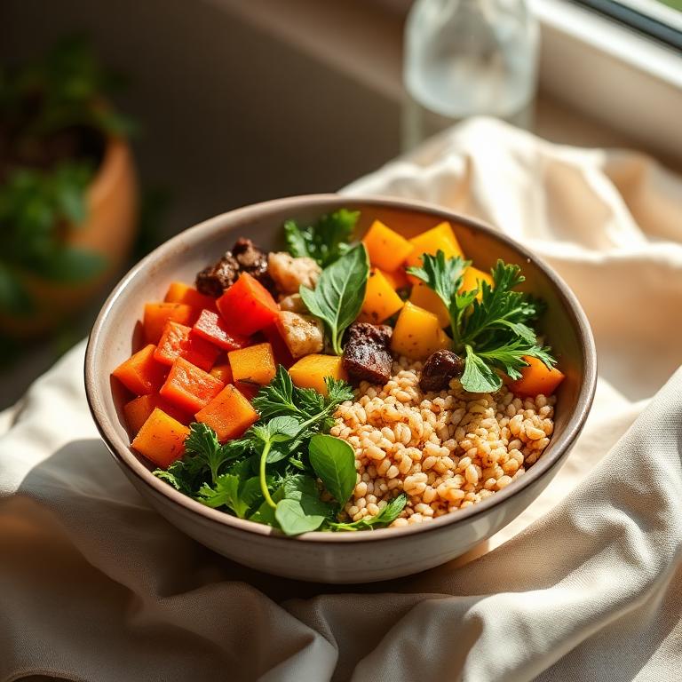Colorful buddha bowl with grains, roasted vegetables, and fresh herbs