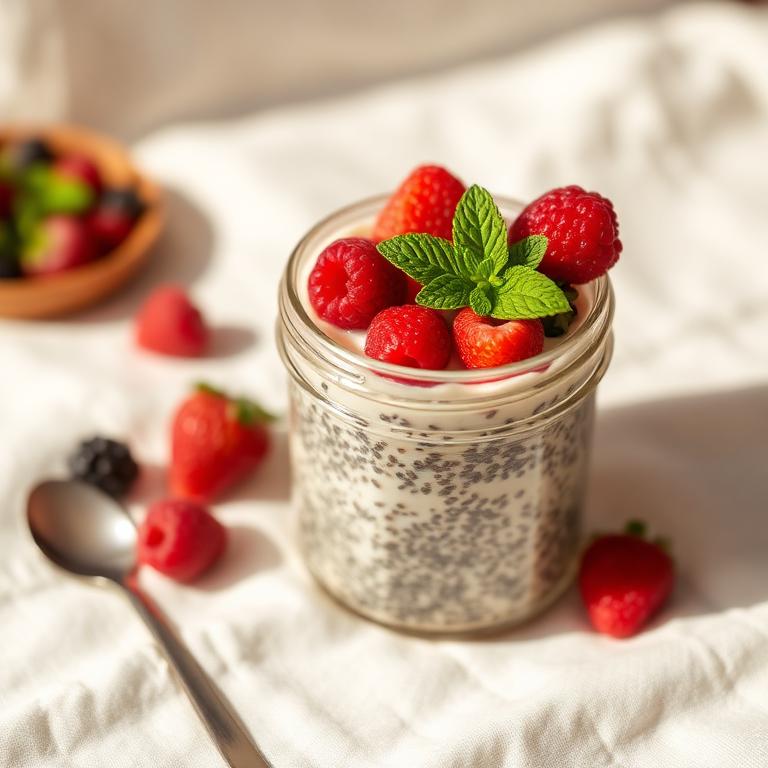 Chia seed pudding in a glass jar topped with fresh berries and mint