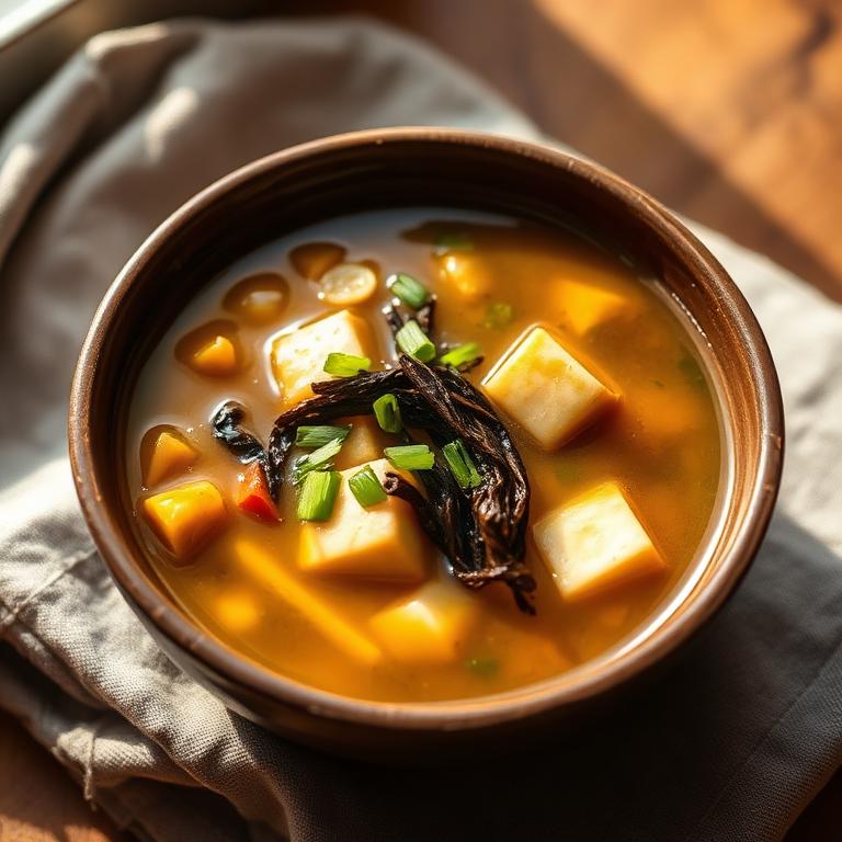 Bowl of vegetable miso soup with tofu and scallions on a linen cloth