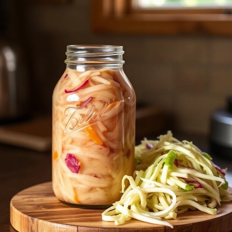 Homemade sauerkraut fermenting in a glass jar next to shredded cabbage
