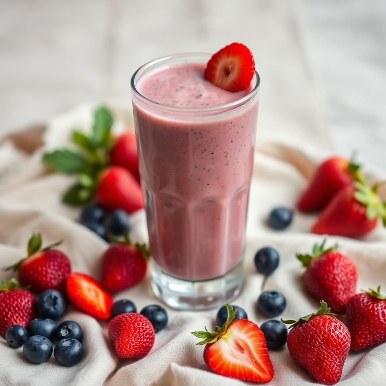 Berry and kefir smoothie in a glass surrounded by fresh strawberries and blueberries