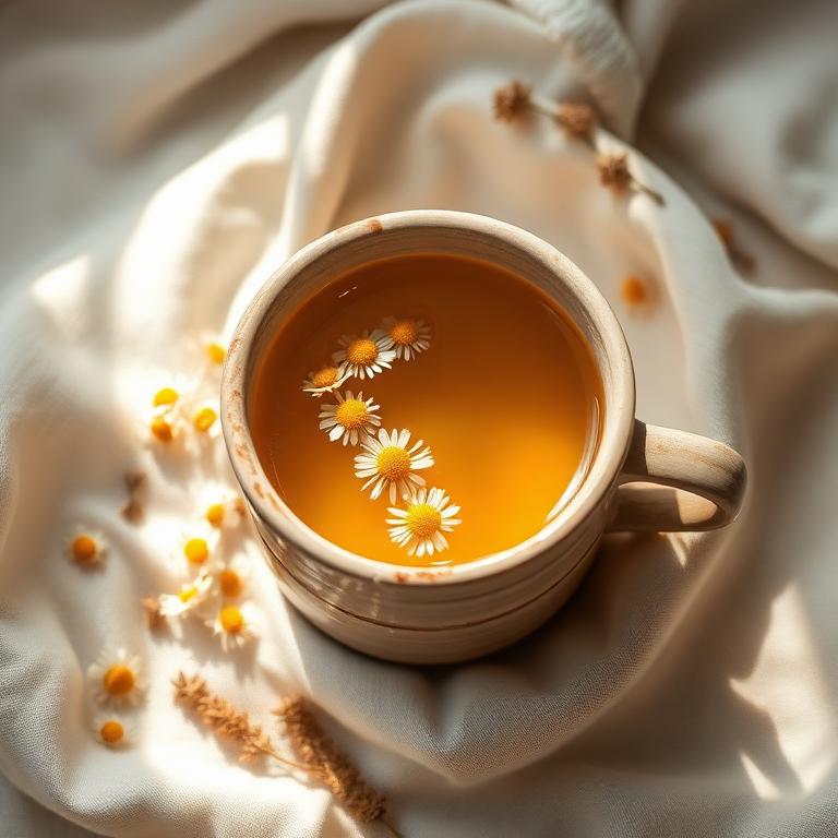 Cup of chamomile tea with dried chamomile flowers on a cream cloth