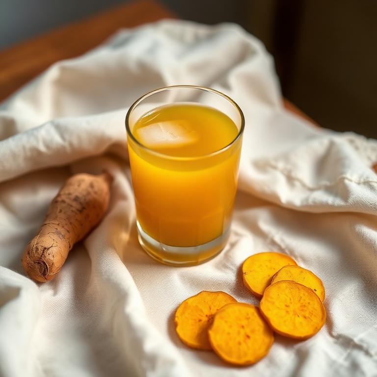 Golden turmeric tonic in a glass beside fresh turmeric root and ginger slices